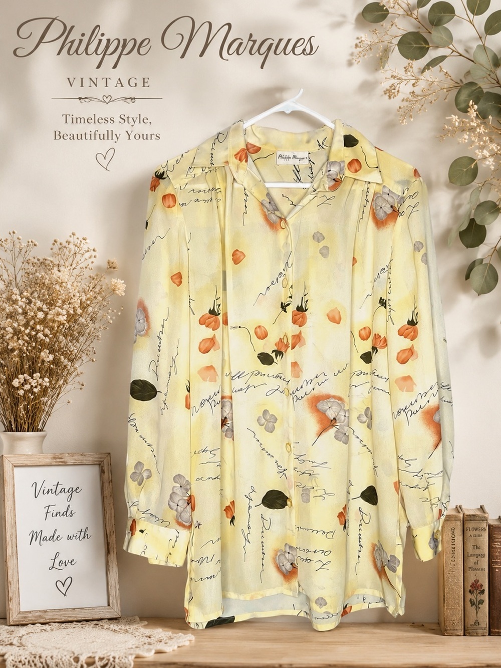 Vintage Grandmacore Philippe Marques Floral Script Print Button Front Blouse